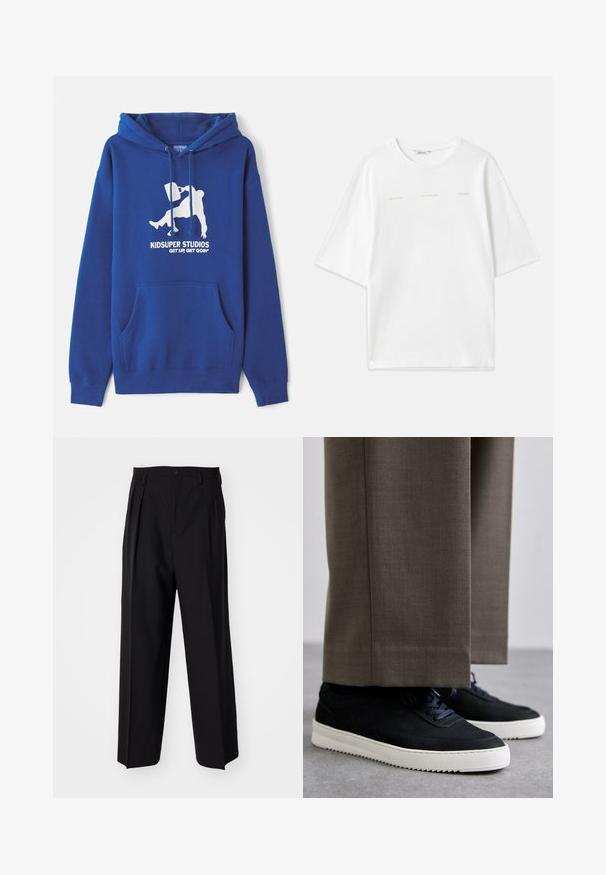 Zils kapuci džemperis, izgatavots no kokvilnas un sintētisko šķiedru maisījuma, ar priekšu kangaroo kabatu, regulējamiem aukliņām un baltu grafisku uzdruku ar zīmola nosaukumu un saukli.; Balts kokvilnas T-krekls ar pārāk lielu dizainu, apaļu apkakli, īsām piedurknēm un drukātām tekstu akcentiem gaiši bēšā krāsā. Gluda tekstūra.; Melnas plisētās bikses ar taisnu, plata kāja dizainu. Izgatavotas no gludas auduma, ar pogu aizdari un jostas cilpiņām.; Melni zamšaini sporta apavi ar baltām gumijas zolēm, ar noapaļotu purngalu un auklām, valkāti ar pelēkiem piegrieztiem biksēm.