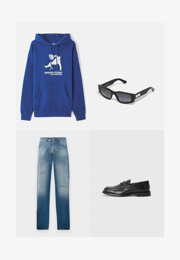 Blue hoodie made of cotton blend, featuring a front kangaroo pocket, drawstrings, and white graphic print with brand name and slogan.; Light blue denim jeans with straight leg design, faded wash, and two horizontal seams. Features five pockets and a button fastening.; Black leather loafers feature a rounded toe, stitched detailing, and a small gold accent on the front. The sole is flat and discreet.; Black sunglasses with a chunky rectangular frame, gradient gray lenses, and a white logo accent on the side. Smooth plastic material.