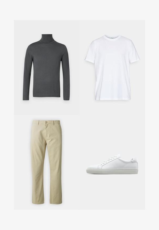 Tummanharmaa, pitkähihainen poolopaita, jossa on istuvat hihansuut ja sileä, hienojakoinen neulepinta valkoista taustaa vasten.; Valkoinen puuvillainen t-paita, jossa on lyhyet hihat, pyöreä pääntie ja rento leikkaus. Ominaisuudet minimalistinen muotoilu, ei kuvioita tai korostuksia.; Beige puuvillahousut suoran lahkeen muotoilulla, etupainike sulkeminen ja vyölenkit. Sileä pinta, ei näkyviä kuvioita tai yksityiskohtia.; Valkoinen tennari, jossa on sileä nahkapäällinen ja matala profiili. Ominaisuuksiin kuuluu pyöreä kärki, kuusi rei'itystä ja teksturoitu kumipohja.