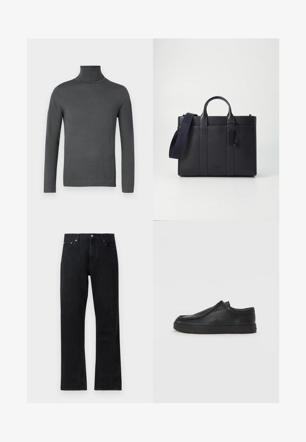 Dark gray, long-sleeve turtleneck sweater with fitted cuffs and a smooth, fine knit texture on a white background.; Black denim jeans with a straight-leg design, featuring a button closure, five-pocket style, and subtle stitching details.; Black leather slip-on shoe with a rounded toe, stitched detailing, and black rubber sole. Smooth texture with minimalistic design.; Dark navy leather briefcase with dual top handles and a detachable strap. Features textured finish, vertical stitching, and logo detail.