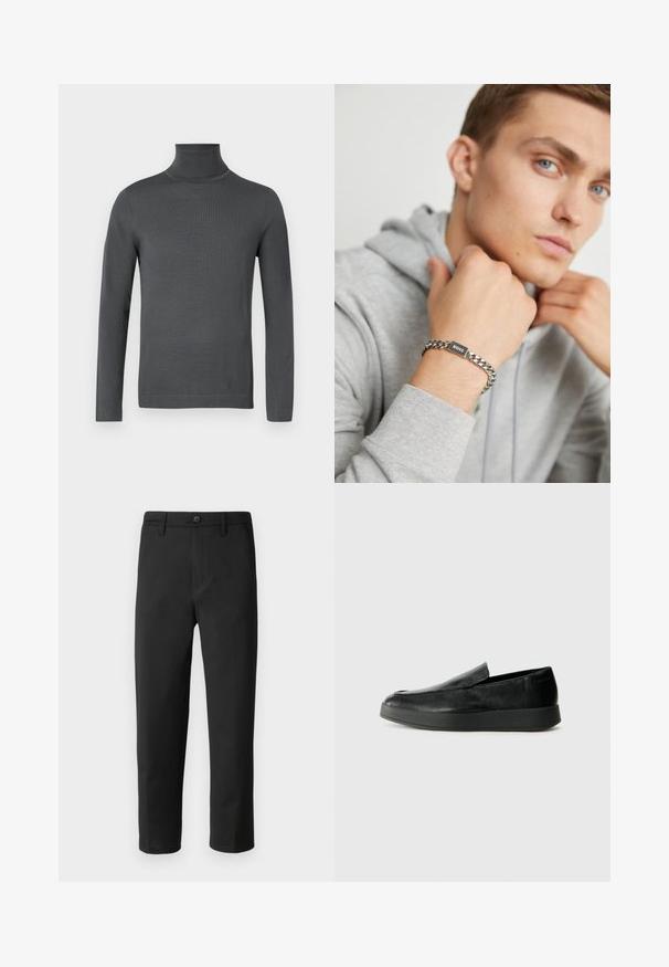 Maglione a dolcevita grigio scuro, con maniche lunghe e polsini aderenti, caratterizzato da una trama liscia e sottile, su uno sfondo bianco.; Pantaloni neri a gamba dritta, realizzati in tessuto liscio. Presentano una chiusura con bottone e passanti per cintura. Nessun motivo o dettaglio visibile.; Calvin Klein HYBRID CUP - Scarpe senza lacci - triple black; Bracciale in argento con una targhetta rettangolare nera incisa con la scritta "BOSS." Indossato su una mano contro uno sfondo di felpa grigia.