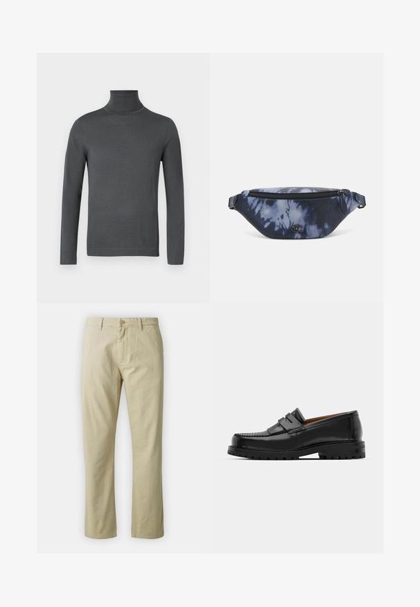 Pulover de culoare gri închis, cu mânecă lungă și guler înalt, cu manșete ajustate și o textură fină, netedă, pe un fundal alb.; Pantaloni din bumbac bej cu un design drept, închidere frontală cu buton și curea. Textură netedă, fără modele sau accente vizibile.; Mocasinii din piele neagră au o cusătură ridicată, două bare decorative pe partea superioară și o talpă groasă texturată pentru o aderență suplimentară.; Pungă tip fanny în imprimeu tie-dye de culoare albastru închis, cu un închidere tip fermoar, material texturat și un detaliu logo proeminent pe față.