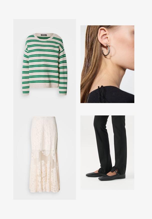 Stripet strikkegenser med kremfarget base og grønne striper, rund halsutringning og ribbestrikket nederkant og mansjetter. Myk tekstur, avslappet passform.; Blomsterbroderi midi skjørt i krem; har lagd design med gjennomsiktige seksjoner, teksturert blonde og flared kant.; Svart skinnballett-sko med spiss tå, stropp med sølvspenne, kombinert med svarte skreddersydde bukser med splitt i kanten.; Sølv ringøredob med en polert finish, med små gull detaljer og en rund form, båret på øreflippen.