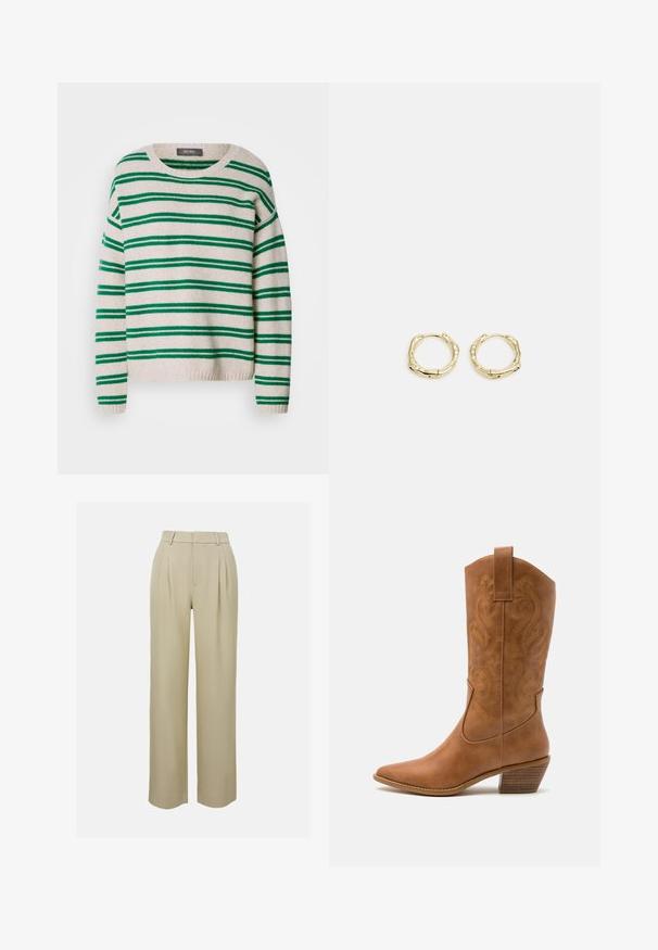 Pulover z vzorcem črt, ki ima kremo podlago z zelenimi črtami, okrogel izrez ter rebrast rob in manšete. Mehka tekstura, sproščen kroj.; Béžove široke hlače iz gladkega materiala, z napečki na sprednji strani, oblikovanim pasom in stranskimi žepi. Čista zaključna obruba.; Rjavi usnjeni kauboj čevlji s koničastim nosom, vezenimi vijugastimi vzorci na zgornjem delu in zloženim kvadratnim peto. Imajo zanko za enostavno obuvanje.; Zlate obročaste uhane z teksturirano, nepravilno obliko. Imajo brezšivno zapiranje in poliširano površinsko obdelavo, kar poudarja sodoben dizajn.