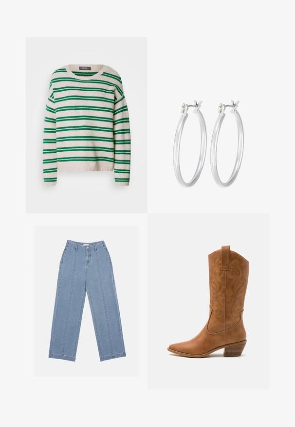 Prúhovaný pletený sveter s krémovým základom a zelenými pruhmi, okrúhlym výstrihom a rebrovaným lemom a manžetami. Mäkkučká textúra, uvoľnený strih.; Svetlo modré široké džínsy vyrobené z denimu. Vyznačujú sa vysokým pásom, zapínaním na gombík a viditeľným šitím. Na prednej strane nie sú viditeľné žiadne vrecká.; Hnedé kožené kovbojské topánky s špicatou špičkou, vyšívanými vírivkami na štýle a blokovým podpätkom. Obsahuje praktický pútko na ľahké obúvanie.; Strieborné kruhové náušnice s hladkým, lesklým povrchom. Kolový tvar a bezpečné klikanie na uzatváranie. Ľahký dizajn vhodný na každodenné nosenie.