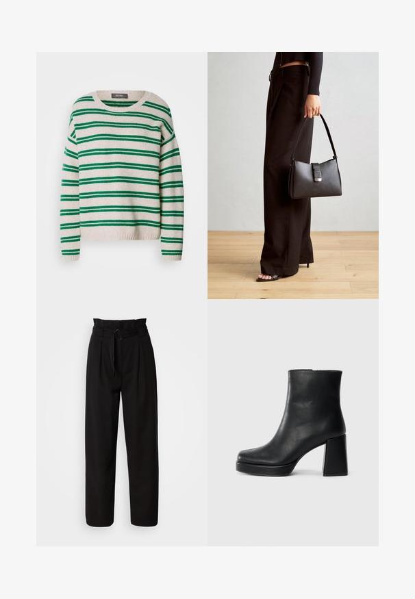 Prúhovaný pletený sveter s krémovým základom a zelenými pruhmi, okrúhlym výstrihom a rebrovaným lemom a manžetami. Mäkkučká textúra, uvoľnený strih.; Čierne vysoké nohavice s širokým strihom, so záhybmi vpredu a látkovým opaskom s kruhovou sponou. Hladká textúra a dobre prispôsobený dizajn.; Čierne kožené členkové topánky s blokovým podpätkom a platformovou podrážkou, zobrazené z boku na bielom pozadí.; Čierna kabelka so štruktúrovaným tvarom, hladkou textúrou a kovovou sponou. V kombinácii so širokými čiernymi nohavicami a sandálmi s otvorenou špičkou na drevenej podlahe.
