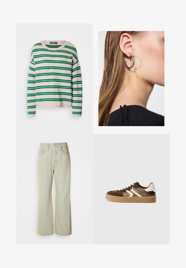Pull en tricot rayé avec une base crème et des rayures vertes, col rond et bord-côte au bas des manches et sur l'ourlet. Texture douce, coupe décontractée.; Jean large bleu clair en denim, avec une taille haute, cinq poches, et un léger délavage avec des accents de couture contrastante.; Baskets marron et crème en combinaison de daim et de satin, avec trois bandes diagonales et une semelle en gomme texturée.; Boucle d'oreille en argent avec une finition polie, présentant de petits détails en or et de forme ronde, portée sur le lobe.