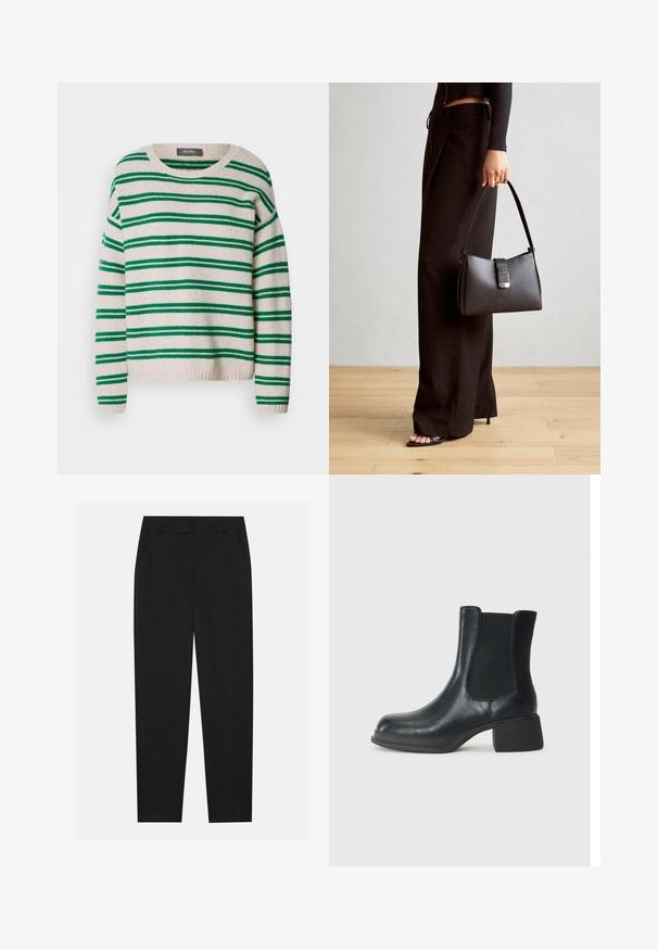 Pulover tricotat cu dungi, având o bază crem cu dungi verzi, gât rotund și tiv și mansete cu revere. Textură moale, croială lejeră.; Pantaloni negri cu un design croit, dotati cu buzunare laterale si un croi drept. Fabricati dintr-un material neted, usor, cu un finisaj elegant.; Botină neagră din piele cu panouri elastice pe lateral, vârf rotund și toc jos în formă de bloc. Suprafața are o textură netedă și detalii minime.; Genți negre cu o formă structurată, textură netedă și un închizător metalic. Asortată cu pantaloni negri largi și sandale cu vârf deschis pe un podea din lemn.