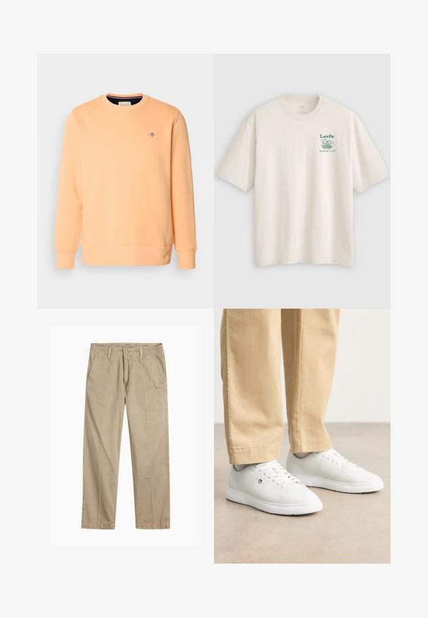Ferskenfarvet sweatshirt i bomuldsblanding, rund hals, ribbede manchetter og kant. Lille blåt logo på brystet. Glat, blød tekstur med ensfarvet design.; Hvid bomulds-T-shirt med korte ærmer, med et grønt Lev's-logo og tekst på venstre bryst. Afslappet pasform, glat tekstur.; Beige lige ben chinos med bæltestropper, frontknap og lynlås lukning samt skrå frontlommer.; Hvide lædersneakers med glat overflade, rund tå, snørebåndsdesign og diskret logodetalje på siden, parret med beige bukser.