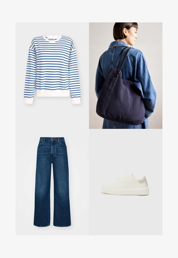 Blue and white striped sweatshirt featuring a crew neckline, ribbed cuffs, and hem, made of soft cotton blend fabric.; High-waisted, wide-leg jeans in dark blue denim with a smooth texture, contrast stitching, and five-pocket design. Front button closure.; White low-top sneakers with a smooth texture, featuring a light beige suede accent on the heel and a thick white rubber sole.; Navy canvas shoulder bag with a soft, structured shape, featuring a black strap, stitched detailing, and a small brand tag.