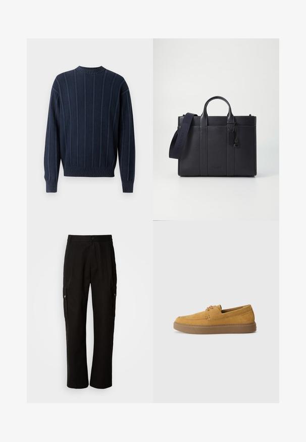 Tamsiai mėlynas megztinis su vertikaliu raštu, apykakle iki kaklo ir ilgomis rankovėmis. Turintis audinį raštą ir prigludusius išmegztus rankogalius bei apačią.; Juodos krovinių kelnės, pagamintos iš medvilnės, laisvo kirpimo, su šoninėmis kišenėmis, mygtuko uždarymu ir tiesiomis kojomis. Paprastas dizainas, be raštų.; Rudos zomšos slip-on tipo batai su tekstūru, apvalia nosia ir kontrastinga gumine išorine dalimi. Yra subtilus ženklas netoli kulno.; Tamsiai mėlynas odinis portfelis su dviem viršutinėmis rankenomis ir nuimamu diržu. Yra tekstūruotas paviršius, vertikalios siūlės ir logotipo detalė.