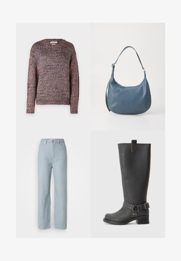 Teljesen kötött pulóver kerek nyakkal, amely több színű szálakból készült, rózsaszín, kék és barna árnyalatokban. Rózsás mandzsetták és alj.; Világoskék egyenes szárú farmernadrág. Öt zsebbel, fém gombos záródással és finom kopási hatással a textúra érdekében rendelkezik.; Fekete bőr, térd fölé érő csizma texturált felülettel, oldalán csat díszítéssel és alacsony sarokkal. Részletes varrások a varrások mentén.; Kerekded formájú, kék bőr kézitáska, egyetlen vállpánttal, cipzárral záródik, az elülső részen domborított márkanevével. Simák a textúrája.