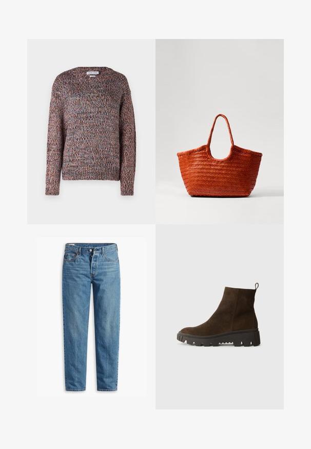 Fleckiger Strickpullover mit rundem Ausschnitt, der aus mehrfarbigen Fäden in Pink-, Blau- und Brauntönen besteht. Gerippte Bündchen und Saum.; Blaue Jeans aus Denim mit geradem Schnitt, ausgestattet mit einem Reißverschluss, zwei vorderen Taschen und subtilen Verfärbungen im gesamten Stoff.; Braune Wildleder-Ankle-Boots mit einer stabilen schwarzen Gummisohle, leichtem Absatz und einer Schlaufe auf der Rückseite für einfaches Anziehen.; DRAGON DIFFUSION NANTUCKET BASKET BIG - Handtasche - naranja