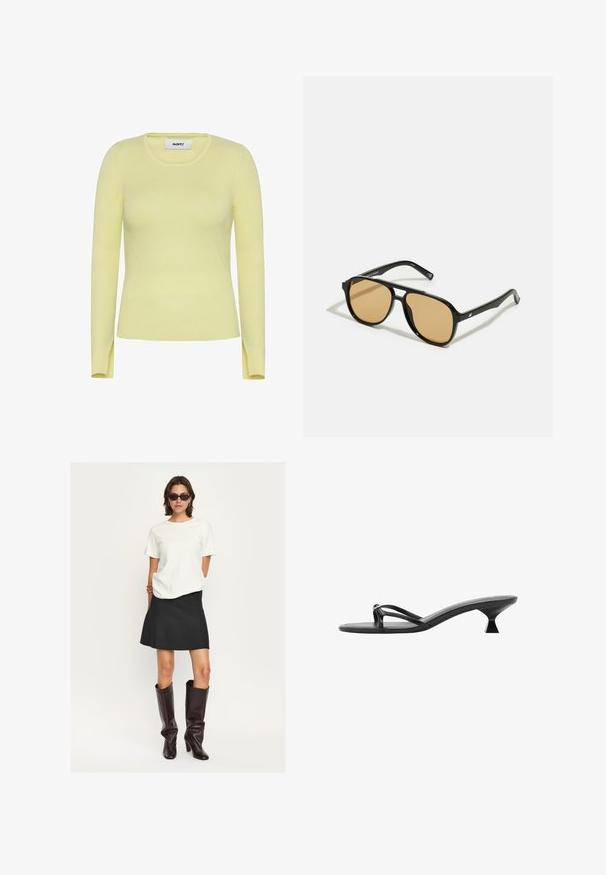 Pulover cu mânecă lungă, cu nervuri, de culoare galben pal, cu guler rotund și slituri pe laturile tivului. Fabricat dintr-un material elastic, texturat.; Top alb cu mânecă scurtă, asortat cu o fustă mini neagră cu tiv evazat și cizme negre lucioase, până la genunchi. Întreaga ținută se remarcă prin linii curate și texturi.; Sandale negre cu toc, având un design elegant, curele subțiri și un toc triunghiular unic. Textură netedă și un aspect minimalist.; Ochelari de soare negri cu lentile de culoare maro; formă rectangulară cu un cadru gros, inclusiv accente hardware subtile pe mânere.