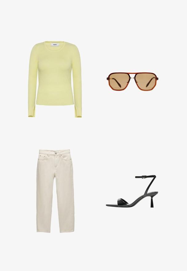 Rebrasti pulover s dolgimi rokavi v bledi rumeni barvi, s krošnjim ovratnikom in bočnimi razporki na robu. Izdelan iz raztegljive, teksturirane tkanine.; Beli traper hlače z sproščenim krojem, ravnimi nogami, petimi žepi in kovinskimi detajli z subtilno teksturo.; Bershka Sandali z visoko peto - black; Rjave osmerokotne sončne naočale s prozornim amber okvirjem in rjavimi lečami s senco. Imajo kovinski detajl na mostu in vitke temple.; Rjava semiš torba z dolgimi ročaji, ki ima ravno telo in dekorativni trak z okrasnim srebrnim dodatkom.