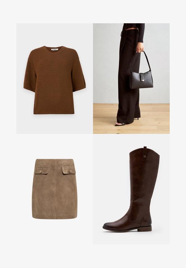 Pruunist soovikudumist valmistatud lühikeste varrukatega, ümmarguse kaelusega ja tekstuuriga muster. Materjal on pehme, kergelt lahtise koega.; Pruuni pikad varrukad ja laia kaelusega topp, millel on ühe külje sõlmekaunistus, valmistatud pehmest ja tekstuuriga kangast.; Pruun nubuk mini seelik sujuva tekstuuriga, millel on kaks esimest klapikotti ja nupuväravad igal küljel. Lihtne, sirge disain.; Prunadest kõrge kontsaga saapad, mis on valmistatud siledast nahast, ümarate varvastega, madala tindikontsaga ja peene õmblusmustriga külgedel.; Must musta kott, millel on struktureeritud kuju, sile tekstuur ja metallist klamber. Kombineeritud laiate mustade pükstega ja avatud varvaste sandaalidega puidust põrandal.