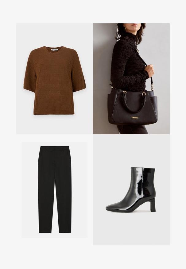 Rjav pleteni pulover s kratkimi rokavi, okroglo ovratnikom in teksturiranim vzorcem. Material je mehak, nekoliko ohlapen tkanine.; Črne hlače z oblikovanim krojem, ki imajo stranske žepke in ravno nogavico. Narejene so iz gladkega, lahkotnega materiala z elegantnim zaključkom.; Črne lakirane gležnjarje z ošiljenim nosom in srednje visokim blokastim peto. Gladka tekstura in minimalističen dizajn.; Črna torbica z teksturirano površino, z dvema zgornjima ročajema in nastavljivim ramenskim pasom. Ima zlatovrateče dodatke in stranske žepe.