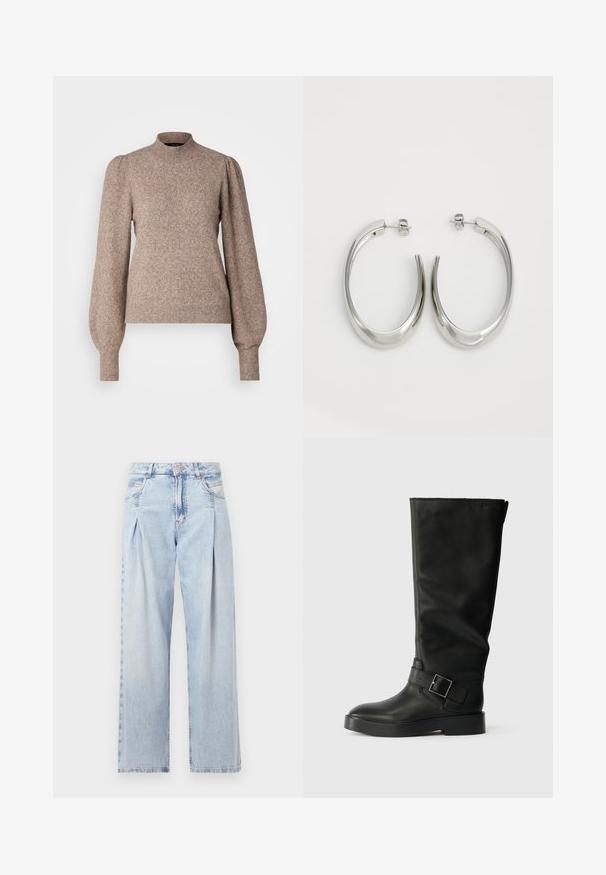 Maglione lavorato a maglia in marrone chiaro, con collo alto, maniche lunghe a sbuffo e polsini e bordo a costine. Tessuto morbido e strutturato.; Jeans in denim azzurro chiaro con vita alta, taglio a gamba larga, due tasche laterali e design plissettato. Texture morbida con una finitura sbiadita.; Stivali neri al ginocchio realizzati in pelle liscia, con punta rotonda, suola spessa e una cinghia orizzontale con un dettaglio in fibbia rettangolare.; Orecchini a cerchio argentati con un design liscio e curvo. Presentano una finitura metallica lucida e una chiusura a perno. Nessun motivo o accentuazione visibile.