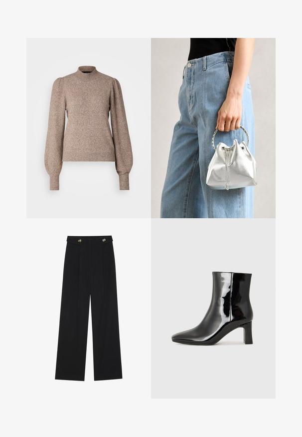 Knit pullover sweater in light brown, featuring a high neckline, puffed long sleeves, and ribbed cuffs and hem. Soft, textured fabric.; Black wide-leg trousers with high waist, button details on waistband, and front pleats.; Black patent leather ankle boot with a pointed toe and a mid-height block heel. Smooth texture and minimalist design.; Metallic silver bucket bag with a textured finish, adorned with a silver round handle and drawstring closure, held against light blue jeans.