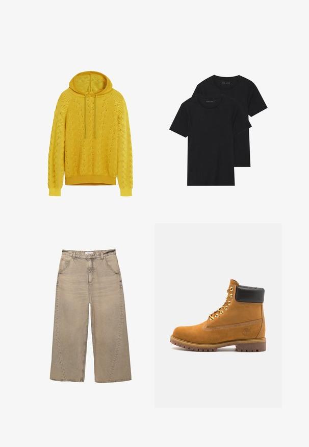 Sárga kötött kapucnis pulóver texturált mintával, zsinórral ellátott kapucnival, bordás mandzsettákkal és aljal. Az anyag hullámos mintázattal rendelkezik.; Két fekete pamut póló, rövid ujjú, kerek nyakkivágással és sima textúrával, egymásra rakva bemutatva.; PULL&BEAR MEGA BAGGY - Túlméretezett farmernadrág - light grey; Barna velúr bokacipő fekete párnázott gallérral, arany fém fűzőlyukakkal, fehér varrási részletekkel és durva gumitalppal, amelynek kifejezett barázdái vannak.