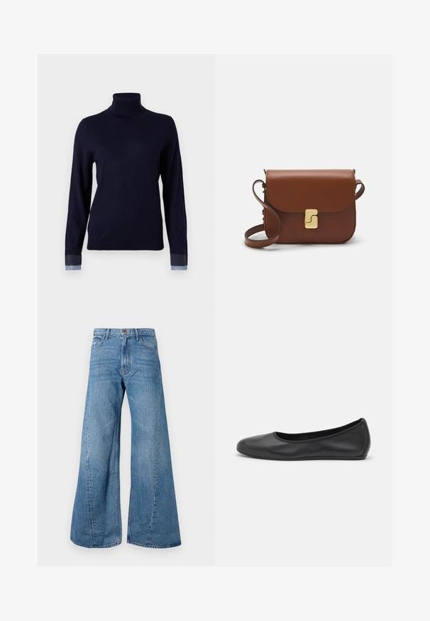 Mornarsko pulover z ovratnikom v mehkem materialu, z dolgimi rokavi in denimu podobnimi detajli na manšetah, s prilegajočim dizajnom.; Široke modre jeans hlače s visokim pasom, s klasičnim petimi žepi in rahlim blejenjem za dodatek teksture.; Črne usnjene balerinke z zaobljenim nosom, gladko teksturo, minimalnimi šivi in fleksibilno zasnovo podplata.; Rjava usnjena torbica s poklopcem, zlato obarvani okovi, naramnica in gladka tekstura. Kompaktna pravokotna oblika.