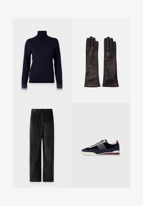 Tengerészkék garbó pulóver puha anyagból, hosszú ujjakkal és farmer jellegű díszítéssel az ujjakon, fitted fazonban.; Fekete, textúrált, bő szárú nadrág, hangsúlyos szövettel, elülső redőkkel és lapos derékpánttal. Klasszikus dizájn, amely sokoldalúságot biztosít.; Tengerészkék nubuk sportcipő bézs és sötétkék akcentusokkal. Fehér gumitalppal és arany logóval az oldalon. Klasszikus sportos dizájn.; Weekend Max Mara SENAPE - Kesztyűk - nero