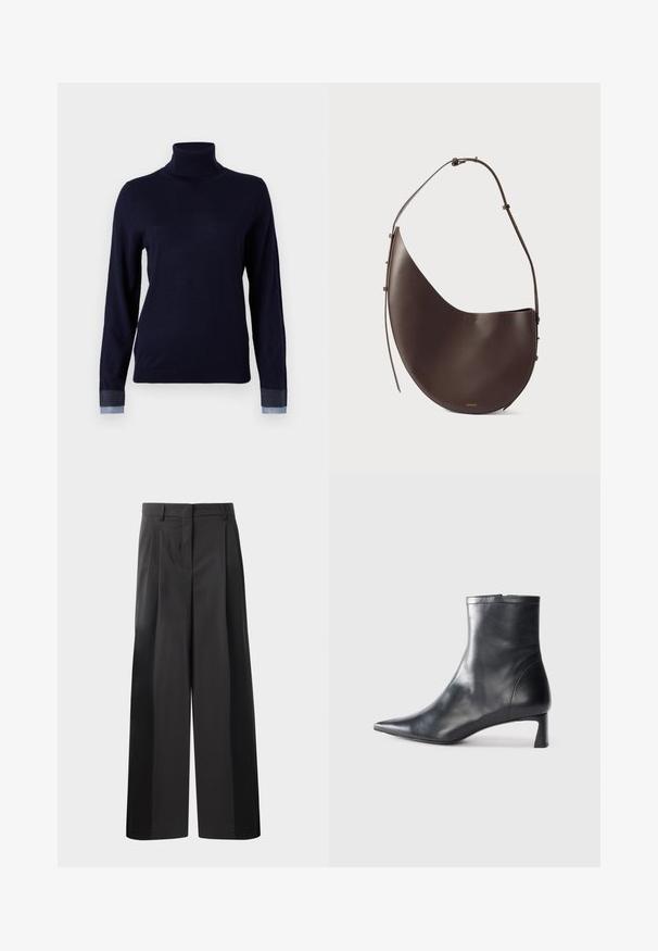 Námořnický rolák z měkké tkaniny, s dlouhými rukávy a denimovými akcenty na manžetách, s přiléhavým střihem.; Černé kalhoty širokého střihu s vysokým pasem, které mají přední sklady, hladký povrch a upravený vzhled. Navrženy pro volný střih.; Černé kožené kotníkové boty s špičatou špičkou a elegantním designem. Mají nízký podpatek a zipové zapínání na zadní straně. Hladká textura.; Hnědá kožená kabelka s zakřiveným tvarem, jedním popruhem a minimalistickým designem. Obsahuje nenápadné logo a zlaté kovové prvky.