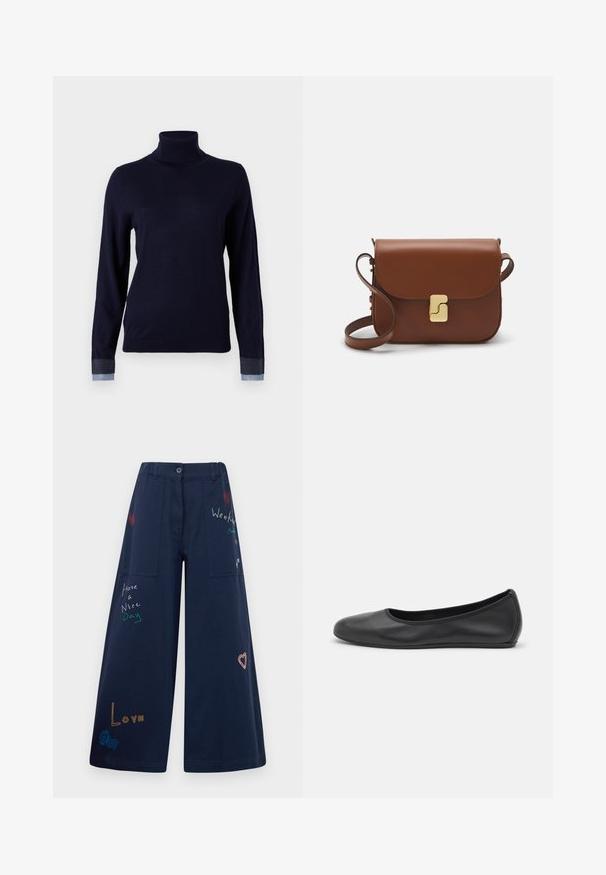 Jūrinis golfo megztinis iš minkštos medžiagos, su ilgomis rankovėmis ir džinsinio tipo akcentais ant rankogalių, su pritaikytu dizainu.; Tamsiai mėlynos plačios kojinės kelnės iš medvilnės su keliais kišenėmis. Yra spalvingo siuvinėjimo tekstas ir grafika, įskaitant širdeles ir žaismingas frazes.; Juodai odiniai baletai su apvaliu pirštu, lygi texture, minimalus siuvimo detales ir lanksčiu padų dizainu.; Ruda odinė rankinė su uždaromu dangteliu, aukso spalvos detalėmis, petneša ir lygiu paviršiumi. Kompaktiška stačiakampio formos.