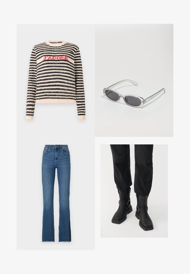 Pulôver riscado em preto e creme com uma textura felpuda. Apresenta um decote redondo e a palavra "J'ADORE" em malha vermelha na frente.; Jeans de ganga azul flare com uma cintura alta, apresentando uma bainha desfiada e um design de cinco bolsos. Textura suave com desbotamento subtil.; Botas de tornozelos em couro preto com bico quadrado, apresentando uma faixa larga e detalhe em fivela metálica. As botas têm uma sola robusta e textura suave.; Óculos de sol com formato oval, armação de plástico transparente, lentes cinza-escuro e hastes finas transparentes com detalhes do logótipo e um design minimalista.; Bolsa de ombro em couro preto com uma forma descontraída e detalhes costurados. O modelo usa uma camisa listrada em rosa e branco com jeans de perna larga azul.