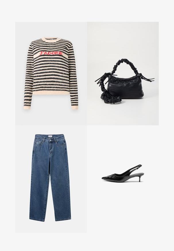 Pulôver riscado em preto e creme com uma textura felpuda. Apresenta um decote redondo e a palavra "J'ADORE" em malha vermelha na frente.; Jeans de denim azul clássicos com um design de perna reta, cinco bolsos e fecho de botão. Apresenta um tratamento médio e uma textura resistente.; Sapatos de salto alto slingback em couro preto com bico fino, pequeno salto kitten e um detalhe decorativo em forma de nó na parte da frente. Textura suave em toda a parte.; Bolsa de mão em couro sintético preto com textura de crocodilo, topo franzido e alça enrugada. Apresenta um design suave e compacto.