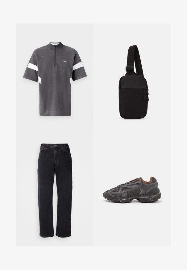 Grå sportskjorta med korta ärmar, dragkedjekrage och vita accentremsor. Har ett strukturerat mönster på framsidan med "BOSS"-logotyp.; Två svarta bomull t-shirts med korta ärmar och rund halsringning. Båda har en röd varumärkesetikett vid halsen. Enkelt, klassiskt design.; Svarta jeans i denim med rak passform, fem fickor och kontrasterande sömmar. Har knappstängning och bältesöglor vid midjan.; Lacoste-sneakers i mörkgrått med nät och syntetmaterial, med en strukturerad sula och bruna detaljer på kragen och varumärket.; Svart axelväska gjord av slitstarkt tyg, med en justerbar rem, ett zip-försett huvudfack och en framficka.