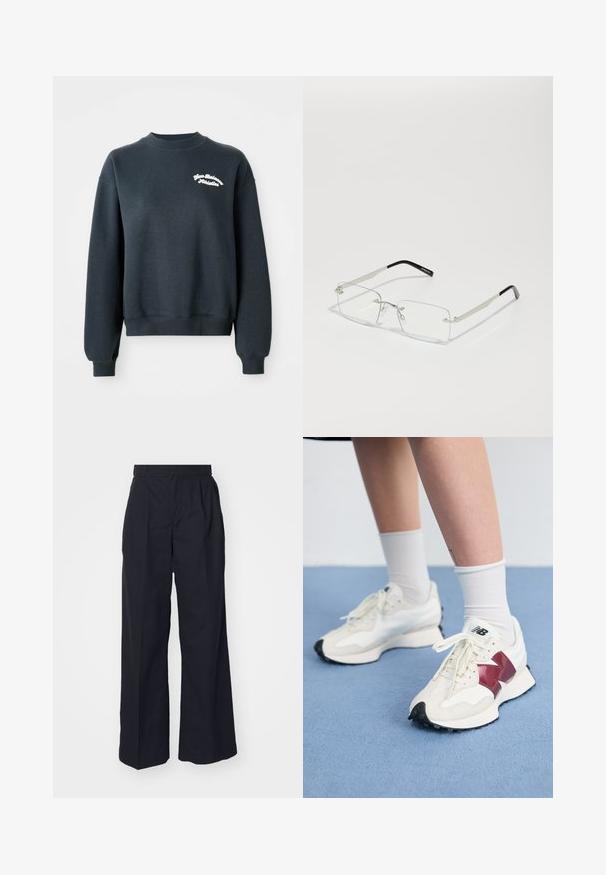 Tmavošedá mikina s dlhými rukávmi a okrúhlým výstrihom. Má biele vyšívanie "New Balance Athletics" na hrudi. Mäkká textúra.; Široké nohavice s vysokým pásom vyrobené z tmavého materiálu. Obsahujú záhyby vpredu a hladký pás s pútkami na opasok. Klasický dizajn.; Pár bielych tenisiek s bordovými akcentmi, štruktúrovanými panelmi, plochou čiernou podrážkou a svetlými šnúrkami, nosených s bielymi členkovými ponožkami.; Obdĺžnikové, číre šošovky s tenkým strieborným kovovým rámom a čiernymi acetátovými špičkami. Obsahuje minimálnu hardvérovú výbavu pre elegantný dizajn.