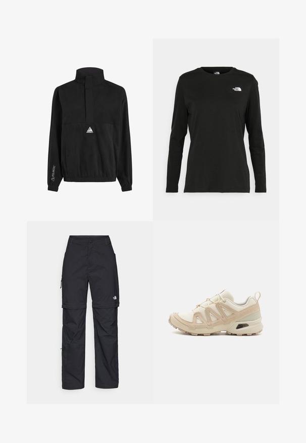 Black fleece pullover with a high collar, half-zip design, elastic cuffs, and waistband, featuring a triangular logo on the front.; Black long-sleeve t-shirt made of cotton with a round neck. Features a small white logo on the left chest area. Simple design and fit.; Black nylon zip-off cargo trousers with adjustable cuffs, multiple pockets, and a logo on the right leg. Smooth, lightweight texture.; Beige and cream athletic shoe with textured mesh upper, supportive overlays, and rubber outsole featuring a tread pattern for traction.