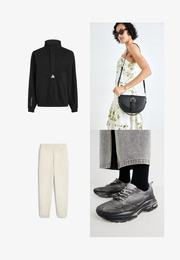Černý fleecový pulovr s vysokým límcem, designem na půl zip, elastickými manžetami a pasem, s trojúhelníkovým logem na přední straně.; Světle béžové tepláky vyrobené z měkké tkaniny, s elastickým pasem, manžetami na kotnících a malým bílým logem na boku.; Černé a šedé sportovní boty mají síťovaný svršek, silné podrážky a šněrování. Mají zaoblenou špičku a viditelné polstrování.; Černá kožená kabelka s křivkovým tvarem, odnímatelným popruhem a zlatými detaily. Kabelka má klopu s přezkou.