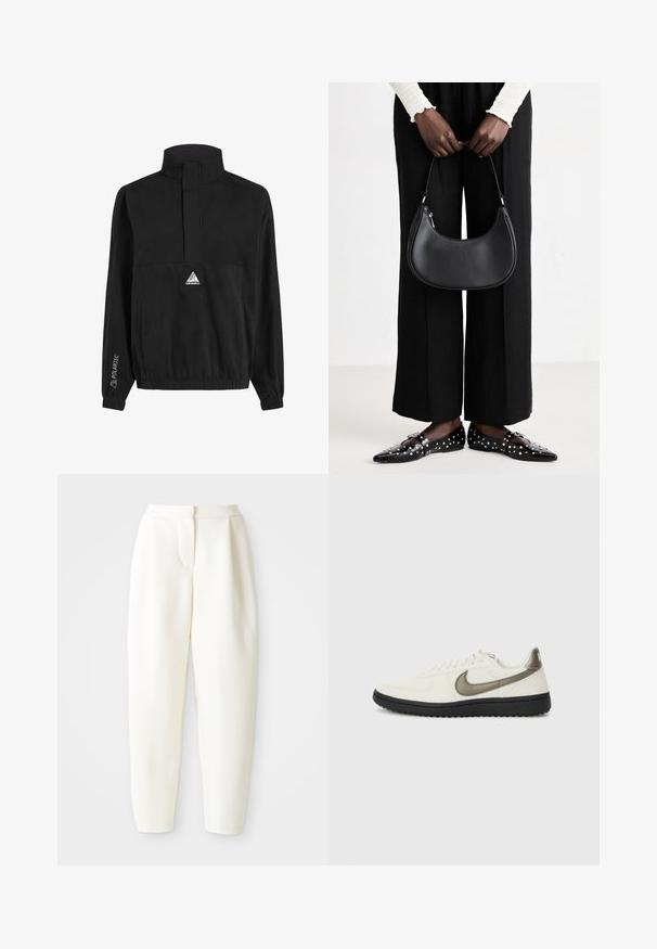 Black fleece pullover with a high collar, half-zip design, elastic cuffs, and waistband, featuring a triangular logo on the front.; High-waist tapered white pants with a concealed front closure and side pockets, displayed against a plain white background.; Nike Sportswear FIELD GENERAL - Trainers - off-white/black; Black leather shoulder bag with a rounded shape, glossy finish, and silver hardware. Person wearing black wide-leg pants and studded loafers.