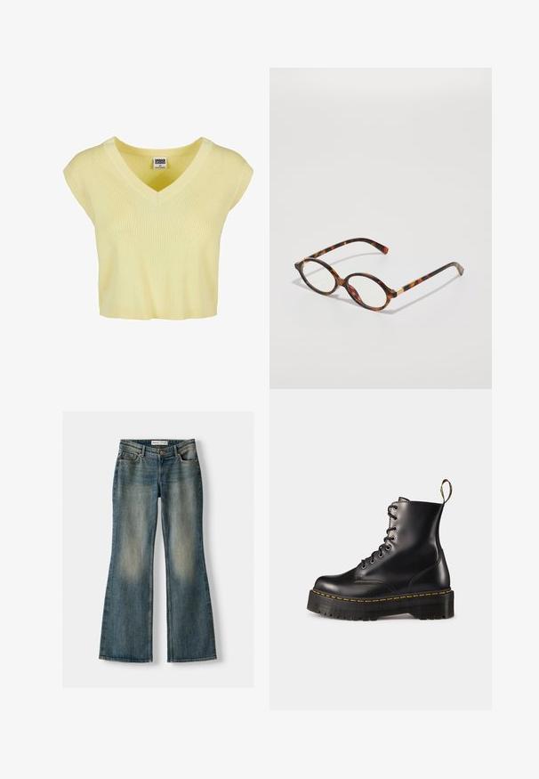 Gul ribbet kortærmet v-hals top med en afslappet pasform. Fremstillet af letvægtsstof, har den en subtil tekstur og en lige nederste kant.; Lyserød langærmet bluse med spidse krave og knaplukning foran. Har en let buet kant og en struktureret stoffinish.; Blå flared jeans med en falmet vask, fem lommer og knaplukning. Materialet viser en denimtekstur med subtile syninger.; Sorte læder snørebånd ankelstøvler med en kraftig sort sål og gul syning. Har en trækflap bagpå og runde metaløjer.; Skildpaddebriller med ovale stel, klare linser og guld accenter. Har buede stænger og en glat, blank finish.; Mørkeblå denimtaske med en blød, slasket form, der har et hobo-stil håndtag og en struktureret overflade. Ingen synlige metaldele.