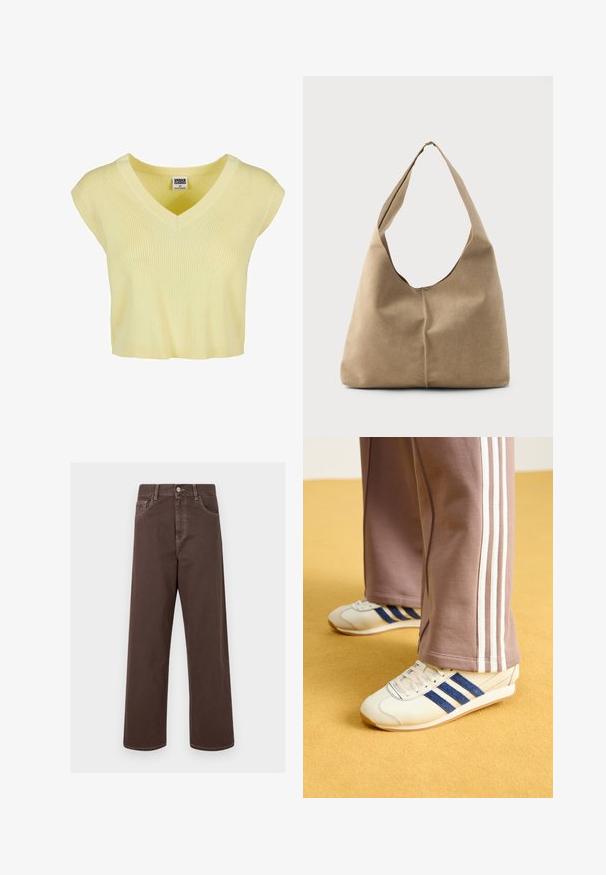 Rumena rebrasta majica s kratkimi rokavi in V-izrezom, sproščenega kroja. Narejena iz lahkega materiala, ima subtilno teksturo in ravno spodnjo rob.; Rjave široke jeans hlače z kontrastnim šivom, petimi žepek in kovinskim gumbom za zapiranje. Gladka tekstura, ravno krojenje.; Kremni športni copati z modrimi usnjenimi črtami, belimi vezalkami in gumijastim podplatom. V kombinaciji s sivimi trenirkami z belimi stranskimi črtami.; Hobo torba iz mehkega bež nubuka z ohlapno obliko, širokim ramenskim trakom in ročno šivanim šivom po sprednji strani.