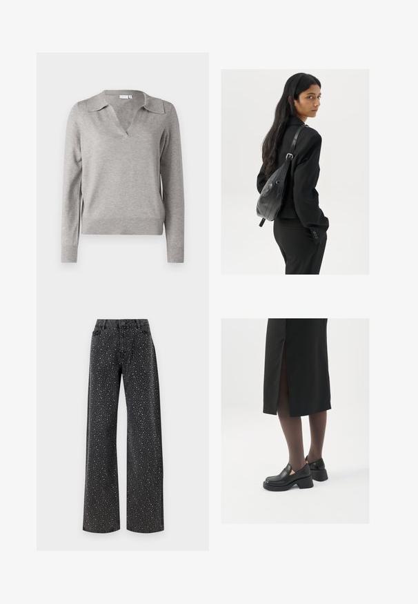 VILA VIAMANDA - Maglione - light grey; Top senza maniche bianco realizzato in tessuto a coste, caratterizzato da un collo arrotondato e una silhouette aderente, con cuciture minime e senza decorazioni.; Noisy May NMJANNEL LOOSE - Jeans baggy - black denim; Scarpe in pelle nera con punta arrotondata, tacco spesso a blocco e accenti laterali in elastico, abbinate a collant scuri e una gonna nera con uno spacco.; Donna con lunghi capelli scuri, vestita con un completo nero, che porta una borsa a tracolla in pelle nera, mentre guarda oltre la spalla su uno sfondo bianco.; Orecchini a cerchio in argento con un design minimalista. Forma circolare, superficie liscia e profilo sottile. Leggeri con una finitura lucida.