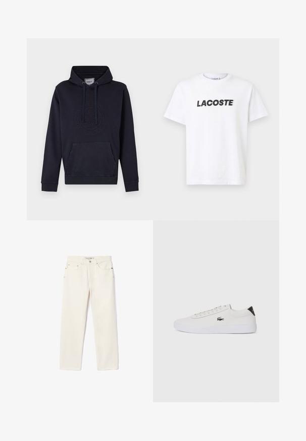 Tamsiai mėlyna džemperis su priekinėmis kengūros kišenėmis, su užtrauktuku pralanke ir iškiliais logotipais ant krūtinės. Pagamintas iš minkštos medvilnės mišinio medžiagos.; Balta medvilninė marškinėliai su ryškiu juodu "LACOSTE" logotipu ant krūtinės. Trumpomis rankovėmis ir apvalia iškirpte.; Kremo spalvos džinsai su tiesiais kojų kirpimais, turintys dvi priekinės kišenes, mygtukų užsegimą ir subtilų prekinį ženklą šalia juosmens.; Balti odiniai sportbačiai su apvalia nosimi, raištelių užsegimu priekyje ir juodu akcentu ant kulno. Šone yra mažas išsiuvinėtas krokodilo logotipas.