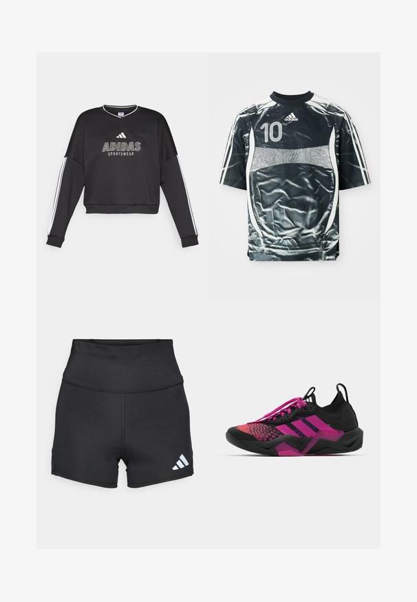 Svart Adidas sportswear sweatshirt med hvit merking og side striper, med en avslappet passform og V-hals design.; Svart Adidas sports jersey med hvit nummer 10, hvite striper på ermene, og hvit paneldesign foran og på sidene.; adidas Performance Tights - black; Svart og rosa treningssko med teksturert overdel, mønstrede detaljer, fremtredende snøringer og en klumpete såle med rosa detaljer.