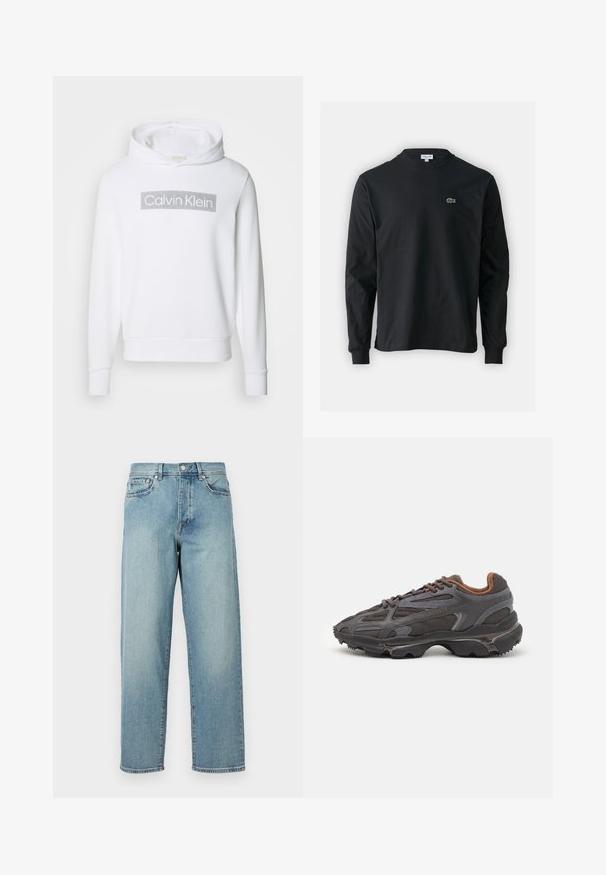 Calvin Klein BOX STRIPED LOGO HOODIE - Mikina s kapucí - bright white; Černé dlouhé rukávy triko vyrobené z bavlny, s kulatým výstřihem a malým zeleným vyšitým logem krokodýla na levé hrudi.; Svetle modré džíny s volným střihem, rovnými nohavicemi, designem s pěti kapsami a zapínáním na knoflík v pase. Minimalistické detaily šití.; Sněrovací boty Lacoste v tmavě šedé barvě s síťovinou a syntetickým materiálem, prezentující texturovanou podrážku a hnědé detaily na límci a logu.