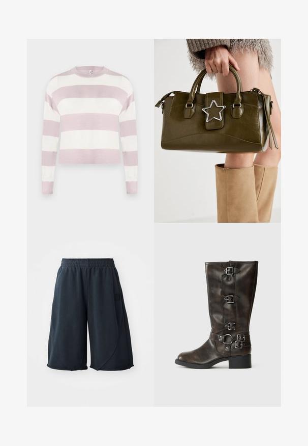 Ljusrosa och vitrandig stickad tröja med långa ärmar, rund hals, ribbade muddar, med kort design och slät textur.; Svarta sportshorts i mjukt material, med elastiskt midjeband och en logopatch på sidan. Slät yta med en avslappnad passform.; Bruna läderknähöga stövlar med flera spännen, rund tå och låg, kraftig klack. Har en strukturerad yta och justerbara remmar.; Olivgrön konstläderhandväska med silverstjärna som accent, dubbla handtag och dragkedjestängning. Texturerad yta och strukturerad form.