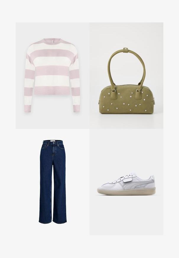 Pull en maille rayé rose clair et blanc, à manches longues, col rond et poignets côtelés, avec un design court et une texture lisse.; Jean en denim bleu foncé taille haute avec jambes larges, bouton frontal et design à cinq poches.; Baskets blanches en cuir avec des accents gris, fermeture à lacets et semelle en caoutchouc texturée. Présente un logo bien en vue sur le côté.; Sac en suède synthétique vert olive avec des embellissements en étoile argentée et des clous. Il dispose de deux courtes poignées et d'une fermeture éclair en haut.