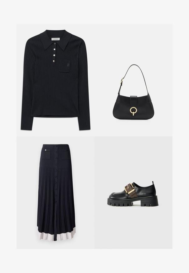 Schwarzes geripptes Strick-Polohemd mit langen Ärmeln, Kragen, vier silbernen Knöpfen und einer kleinen Brusttasche mit dezentem gesticktem Logo.; Faltende Maxi-Rock in Dunkelblau mit Knopfverschluss. Verfügt über zwei Fronttaschen und einen hellen Saum. Hergestellt aus einem weichen, strukturierten Stoff.; Schwarzer Lederschuh mit einem massiven Sohlen, ausgestattet mit einem goldenen Schnallenriemen und einem strukturierten braunen Akzent. Abgerundete Spitze und minimalistisches Design.; Schwarze Ledertasche mit einer geschwungenen Silhouette, kurzer Tragriemen, zentralem goldfarbenem Hardware und glatter Textur. Keine sichtbaren Muster oder Akzente.