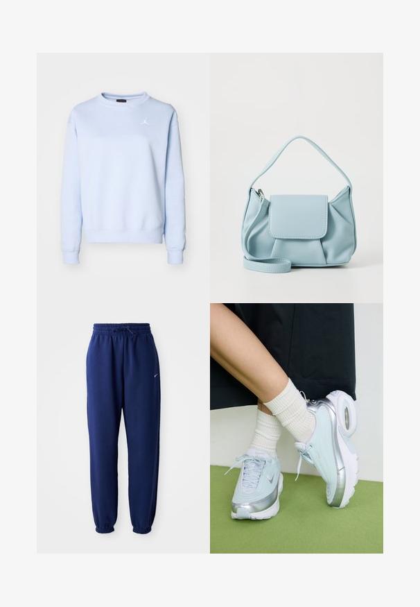 Világoskék pamut pulóver kerek nyakú, bordás mandzsettákkal és szegéllyel. Hímzett fehér logó található a bal mellen. Sima textúra.; Navy kék sportnadrág puha anyagból, elasztikus derékpánttal és zsinórral, elasztikus mandzsettákkal és egy kis fehér logóval.; Világoskék sportcipő ezüst díszítésekkel, texturált felső résszel, párnázott talppal és látható levegő egységgel. Fehér bordázott zoknival párosítva.; Világoskék bőrtáska, felső fogantyúval, elülső fedélzsebkémmel és levehető csuklószíjjal, fehér háttér előtt.