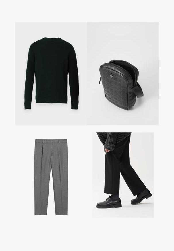 Ciemnozielony, długi sweter z dzianiny z ribbowanym okrągłym dekoltem, mankietami i dołem, eksponowany na jednolitym białym tle.; Szare dopasowane spodnie z teksturowanym splotem, z płaskim przodem, plisowanymi nogawkami, szlufkami na pasek i standardowym stanem.; Czarne skórzane buty z okrągłym noskiem, sznurowanym zapięciem i grubą, fakturowaną podeszwą. Noszone z dopasowanymi czarnymi spodniami i swetrem z prążkowanej tkaniny.; Czarna, teksturowana skórzana torba o geometrycznym wzorze, prostokątnym kształcie, z górnym zamkiem błyskawicznym i krótkim uchwytem. Posiada naszywkę z logo z przodu.; Zegarek na rękę Timex z srebrną tarczą, czarnymi znacznikami godzin i stalową kopertą. Posiada teksturowany czarny skórzany pasek. Prosty, elegancki design.