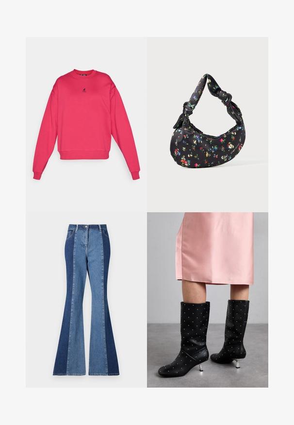Fuchsiasveter so zúženým výstrihom, spustenými ramenami, rebrovanými manžetami a lemom, s malým čiernym logom na hrudi.; Rozšírené džínsy s dvojfarebným dizajnom, s tmavomodrými a svetlomodrými denimovými panelmi, predným zapínaním na gombík a klasickým štýlom vreciek.; Čierne čižmy po kolená vyrobené z hladkého materiálu, s jemným štýlom ozdobeným cvočkami a strieborným podpätkom. V kombinácii s ružovými saténovými šatami.; Čierna kabelka v tvare polmesiaca s farebnou kvetinovou potlačou a uzlenenými uchami, ktorá má malú kovovú značku v pravom dolnom rohu.