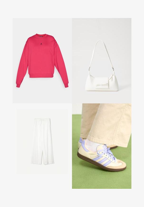 Fuchsiová mikina s kulatým výstřihem, spadlými rameny, manžetami a lemem z ribového úpletu, se malým černým logem na hrudi.; Bílé kalhoty s širokými nohavicemi a stažením v pase, umístěné na jednobarevném pozadí, které zdůrazňuje jejich uvolněný styl a texturu látky.; Krémové a levandulové tenisky se třemi pruhy a texturovanou hnědou podrážkou, vybavené tkaničkami a polstrovanou patou. Měkký textilní svršek.; Bílá syntetická kabelka v trojúhelníkovém tvaru, s plochým předním klopným víkem a detailem mašle, nastavitelným popruhem, hladkým povrchem a minimalistickým designem.