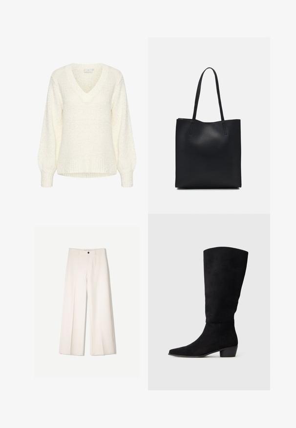 Kaffe LINANA - Svetrík - chalk; Krémové široké nohavice s nohavicami na mieru, s dvoma prednými vreckami a jedným predným zapínaním na gombík, vyrobené z hladkej tkaniny.; Čierne semišové čižmy po kolená s nízkym blokovým podpätkom a špicatou špičkou, zobrazené v bočnom pohľade na jednoduchom svetlošedom pozadí.; Čierna kožená taška na rameno s hladkým povrchom, obdĺžnikovým tvarom a dvoma dlhými uchami. Bez viditeľného kovania alebo ozdôb.