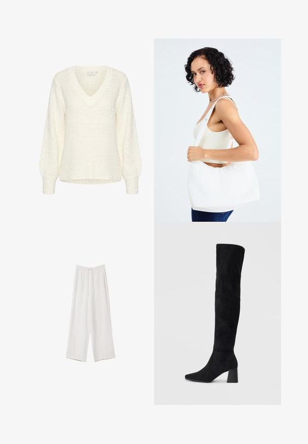 Kaffe LINANA - Strickpullover - chalk; Weiße weit geschnittene Hose aus leichtem Stoff. Mit einem elastischen Bund und Kordelzug sowie Seitentaschen. Glatte Textur.; Schwarze Wildleder-Stiefel bis zum Knie mit Blockabsatz, spitzer Zehe und glattem, nahtlosem Design auf einem schlichten, hellen Hintergrund.; Weißer Schultertasche aus glattem Material mit ovalem Ausschnitt und breitem Tragegurt. Einfach und modern, ohne sichtbare Hardware.